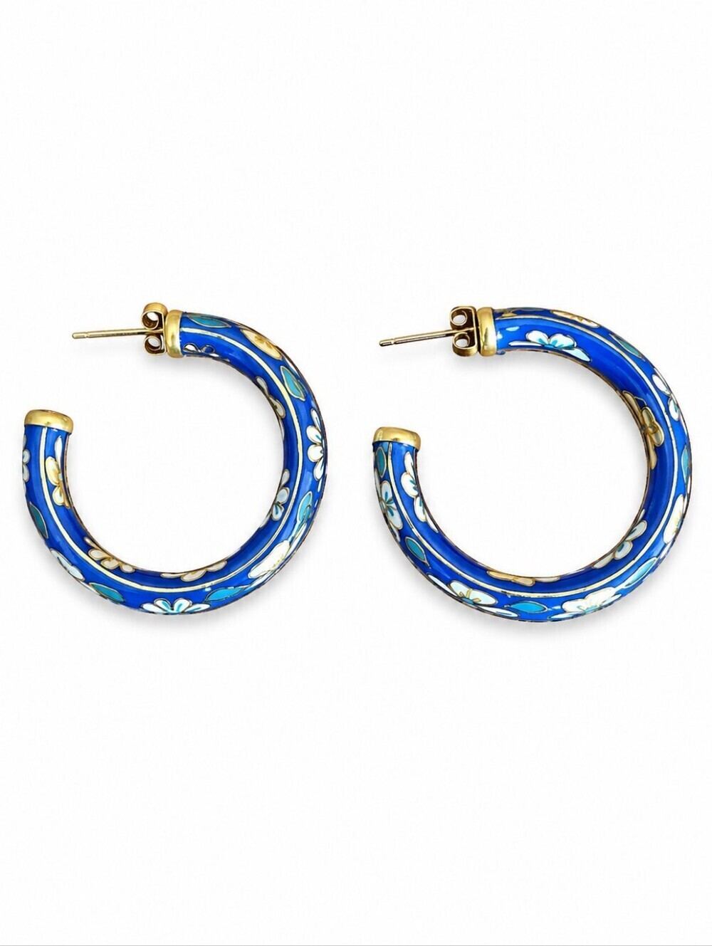 Vintage Blue Floral Cloisonne Hoop Earrings
